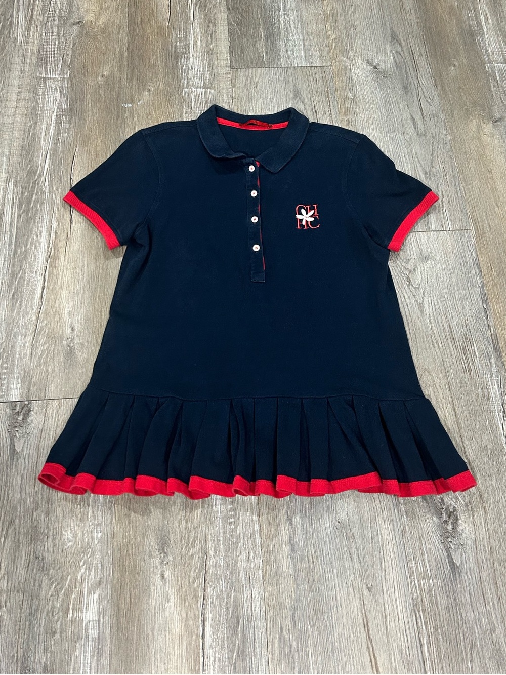 Carolina Herrera Navy Polo Shirt with Red Trim Flower Logo flared peplum ruffle